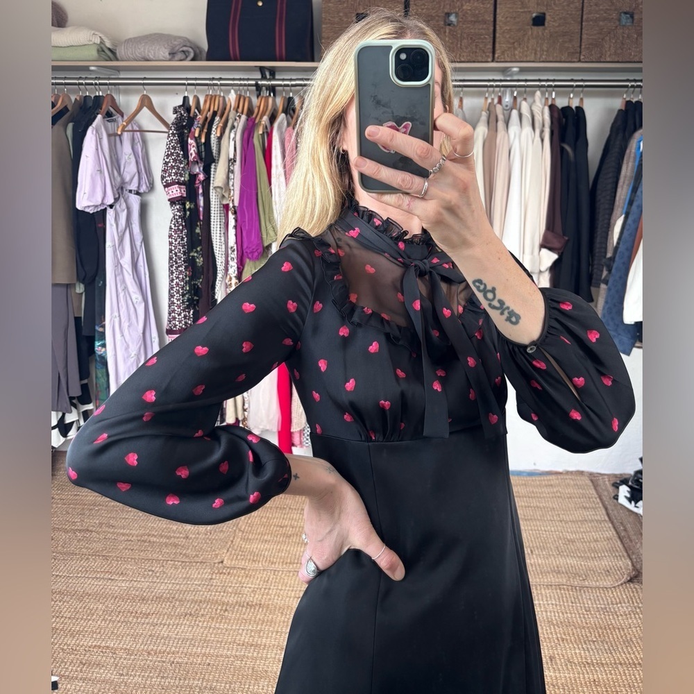 PORTS Silk Black Red Heart Pattern Long Sleeve Ruffle Bow Tie Mini Dress - Picture 4 of 14